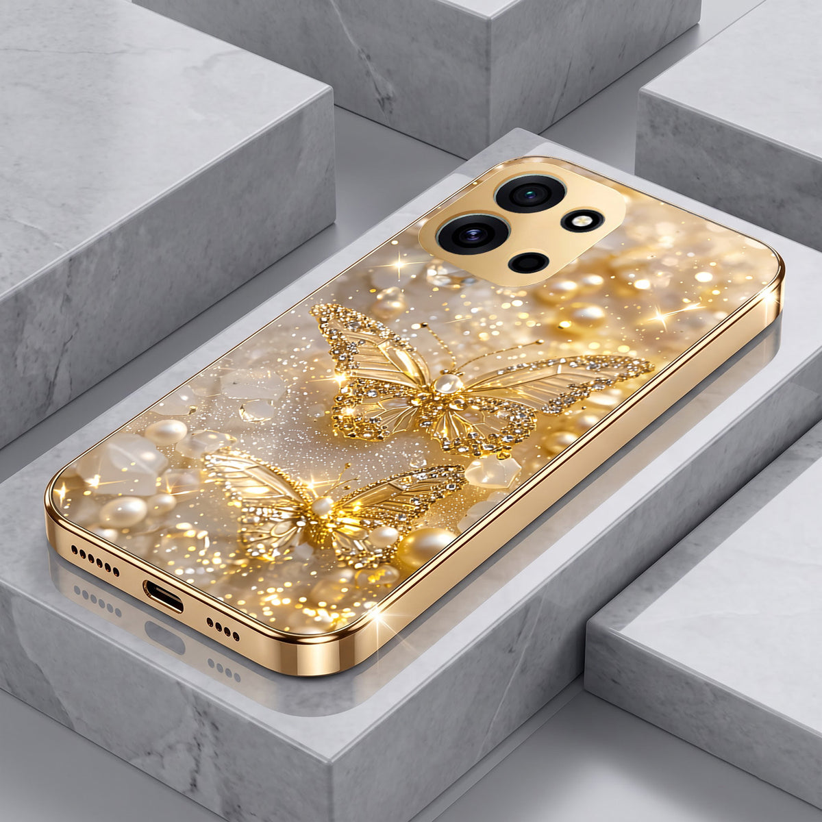 OnePlus Nord 6 5G Golden Butterfly Gold Electroplated Glass Phone Back Case