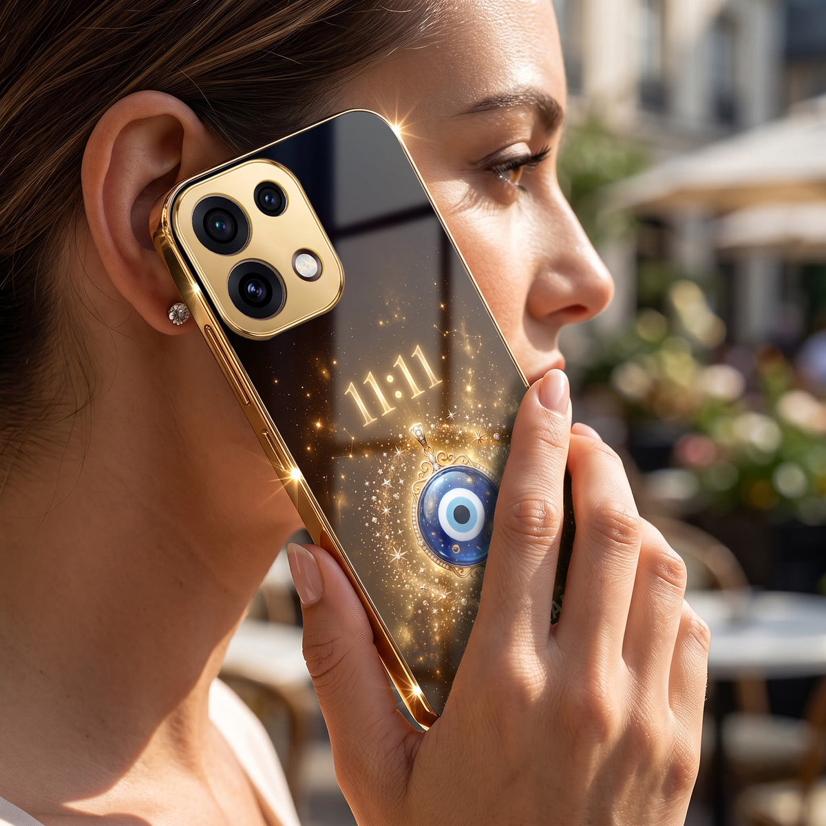 Oppo Reno 16C 5G God’s Plan Evil Eye Gold Electroplated Glass Phone Back Case