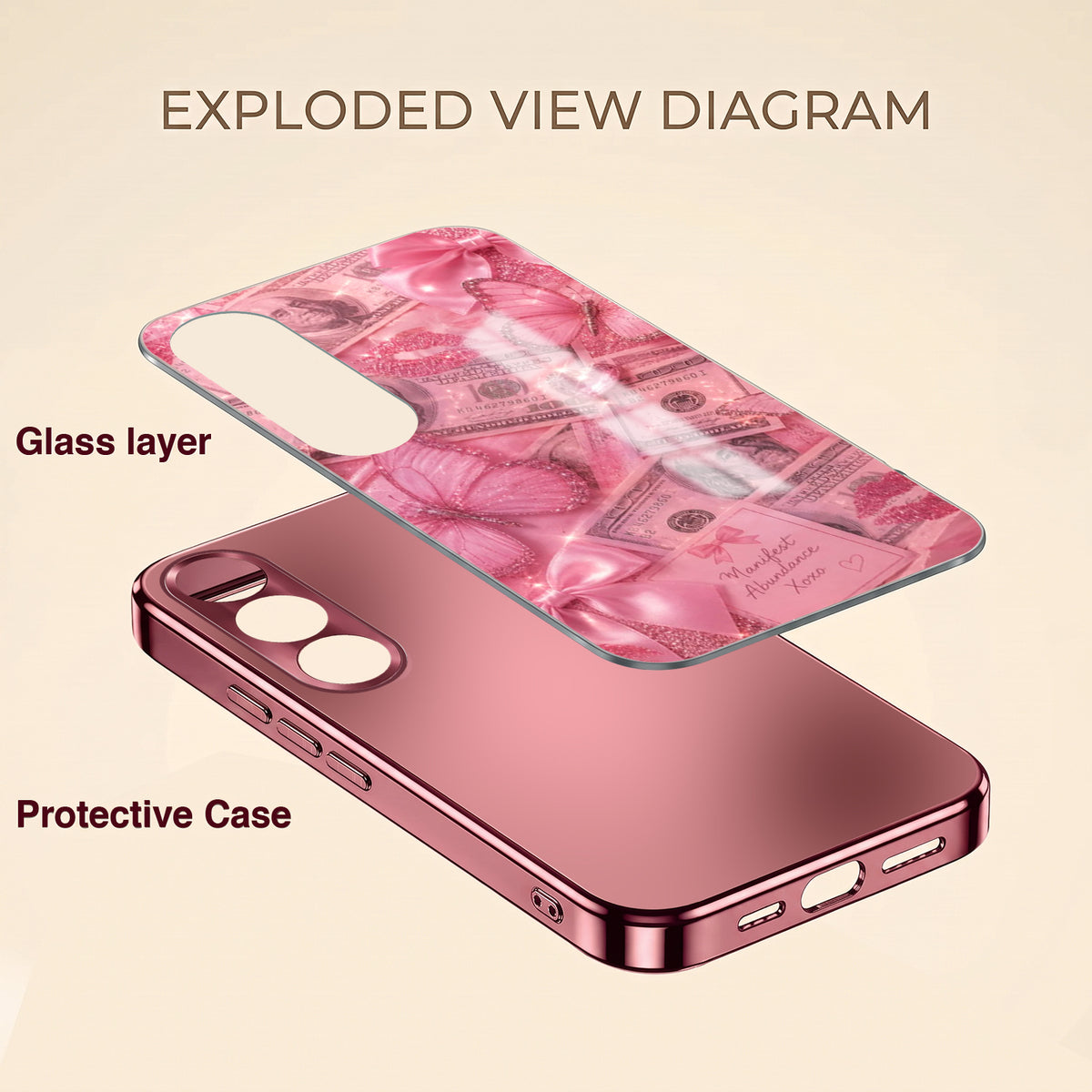 Vivo V70 FE 5G Luxury Dollar Butterfly Pink Electroplated Glass Phone Back Case