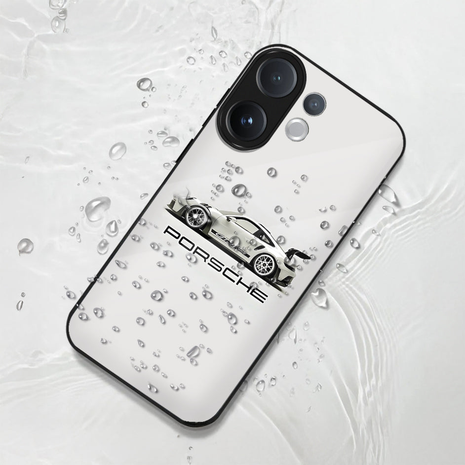 Vivo V60 5G Phone case with Porsche logo and car illustration on a textured white background