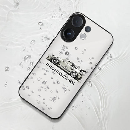 Vivo V60 5G Phone case with Porsche logo and car illustration on a textured white background