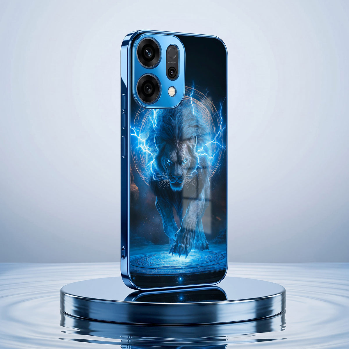 Oppo Reno 14 5G Thunder Titan Lion Blue Electroplated Glass Phone Back Case
