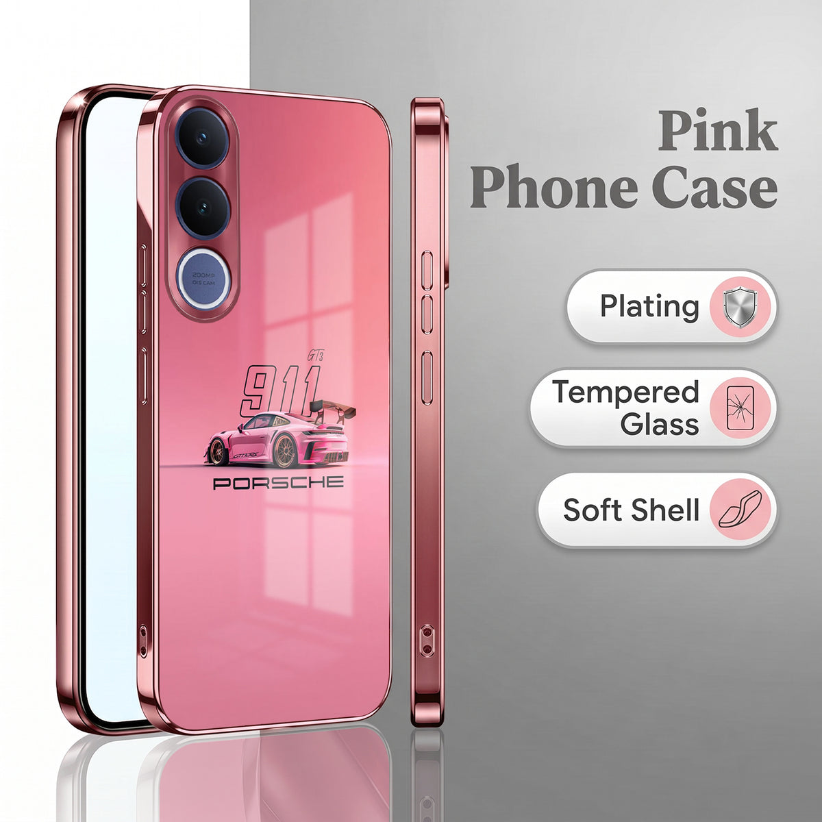 Vivo V70 FE 5G Luxury Porsche 911 Pink Electroplated Glass Phone Back Case