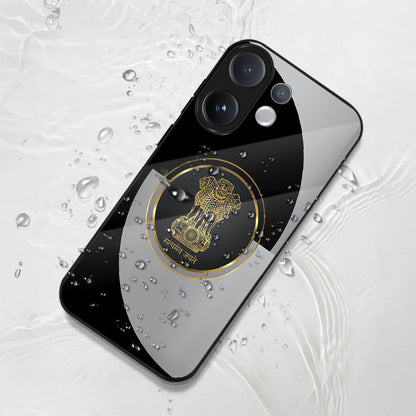 Phone case with a central emblem on a textured white background