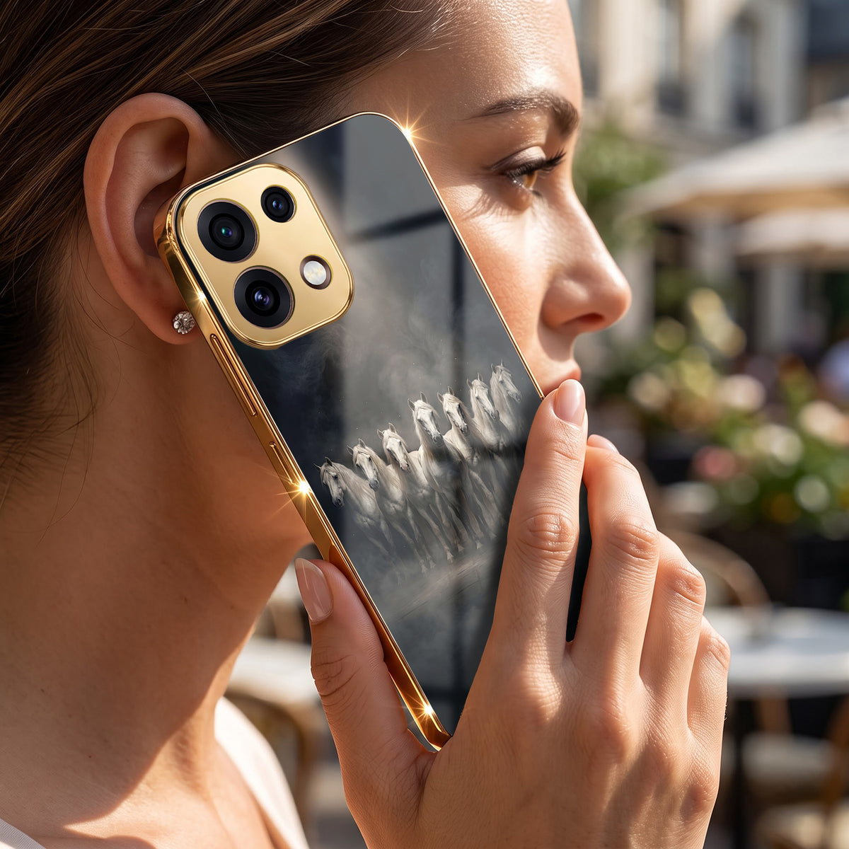 Oppo Reno 16C 5G Running Horses Gold Electroplated Glass Phone Back Case