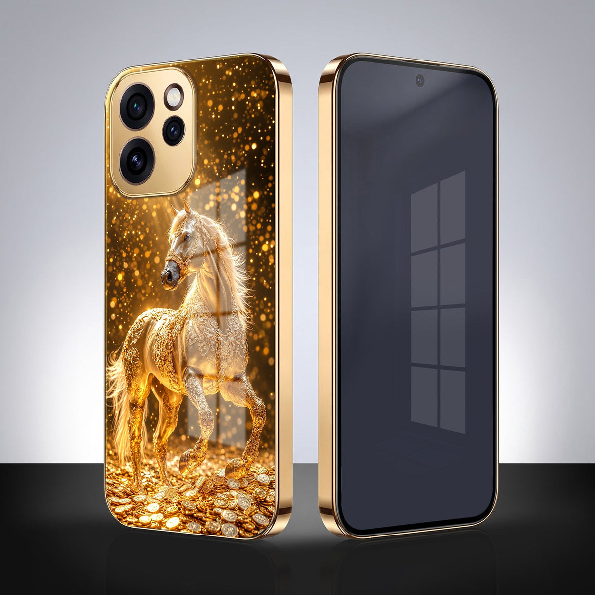 Oppo Reno 15 Pro Mini 5G Golden Horse Sparkle Gold Electroplated Glass Phone Back Case