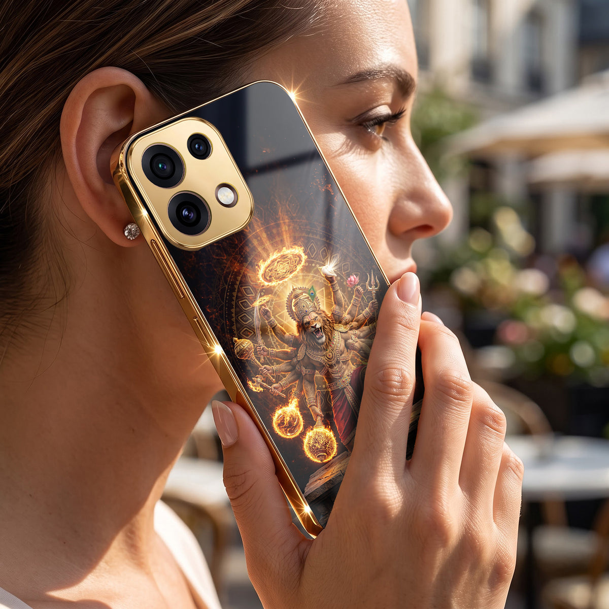 Oppo Reno 16C 5G Lord Narasimha Gold Electroplated Glass Phone Back Case