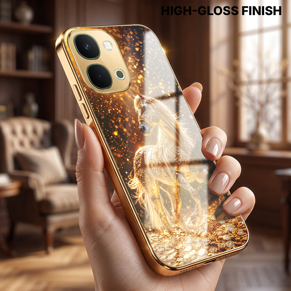 Vivo T5x 5G Golden Horse Sparkle Gold Electroplated Glass Phone Back Case