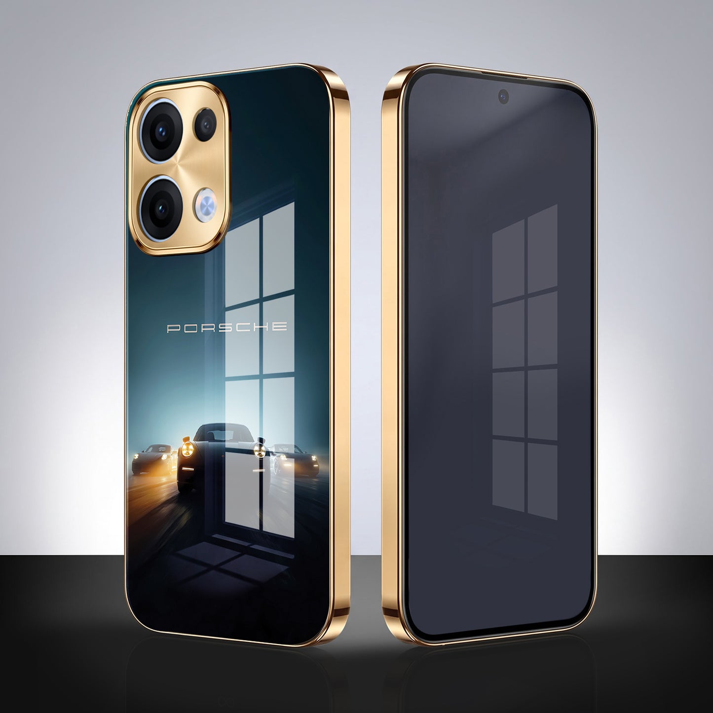 Oppo Reno 13 5G Porsche Luxury Gold Electroplated Glass Phone Back Case