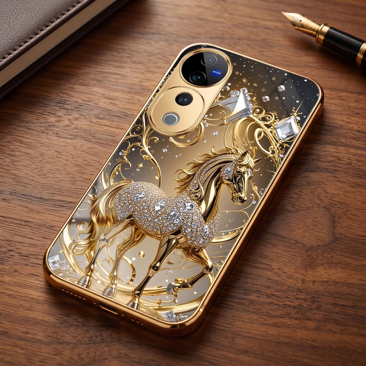 Vivo V40 Pro 5G Luxury Horse Texture Gold Electroplated Glass Phone Back Case