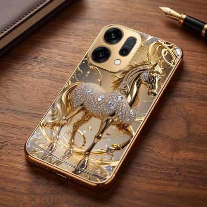Oppo Reno 14 5G Luxury Horse Texture Gold Electroplated Glass Phone Back Case