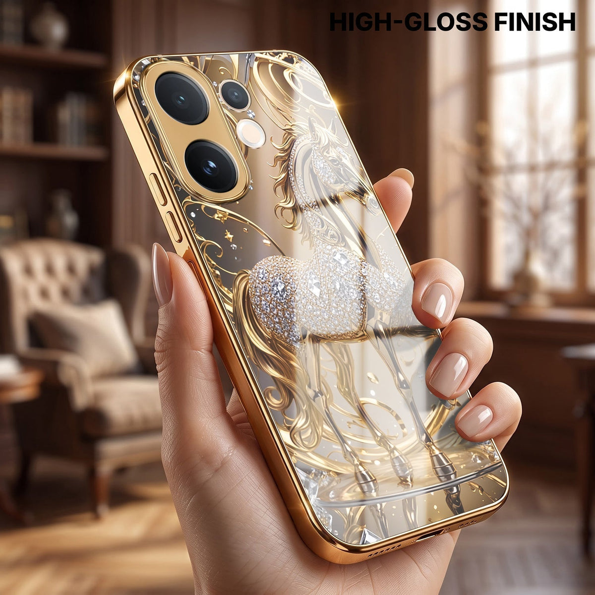 Vivo X200 FE 5G Luxury Horse Texture Gold Electroplated Glass Phone Back Case