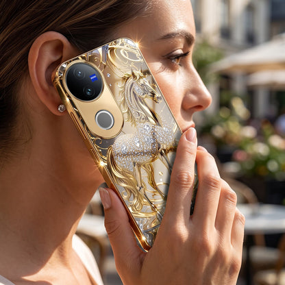 Vivo V50 5G Luxury Horse Texture Gold Electroplated Glass Phone Back Case