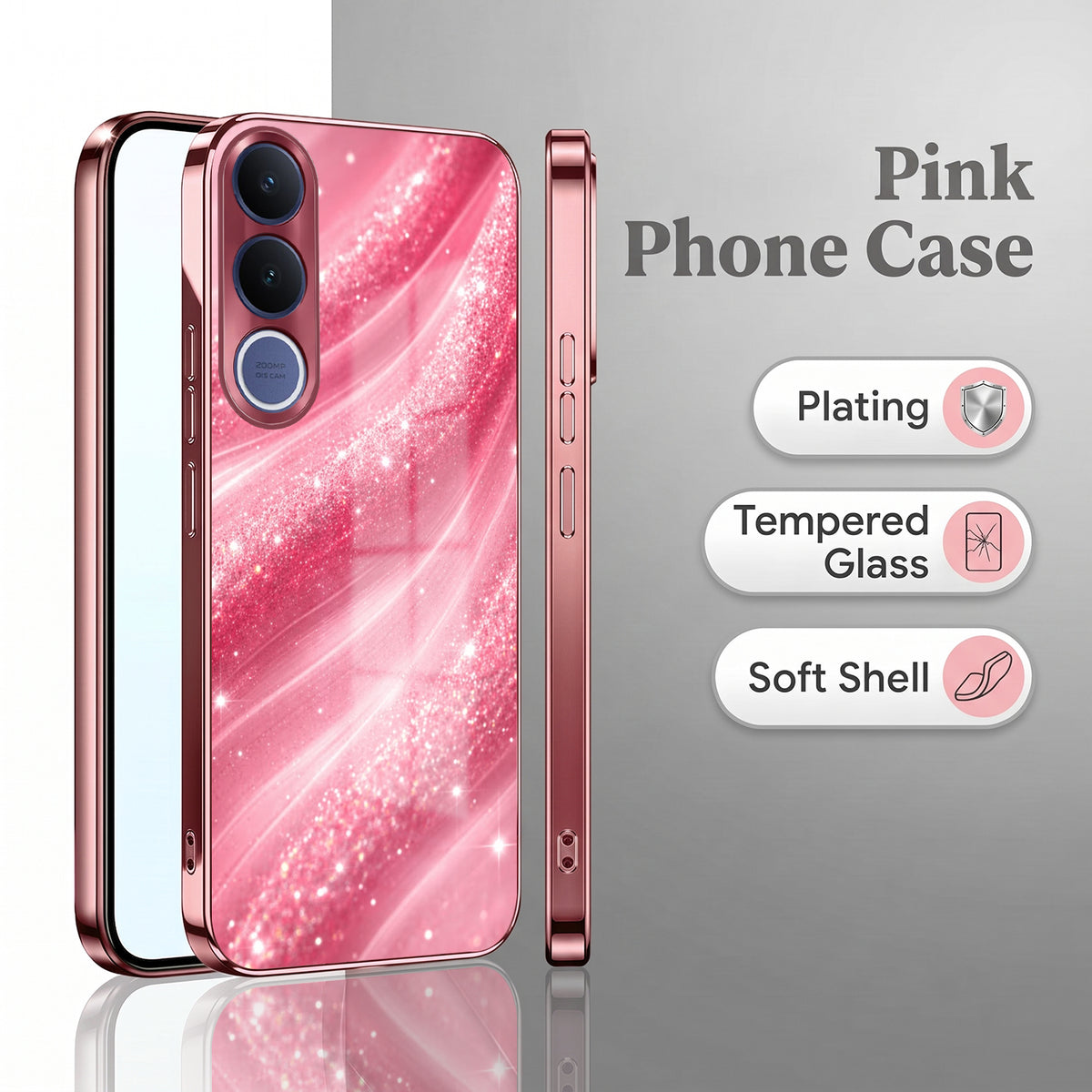 Vivo V70 FE 5G Luxury Glitter Wave Pink Electroplated Glass Phone Back Case