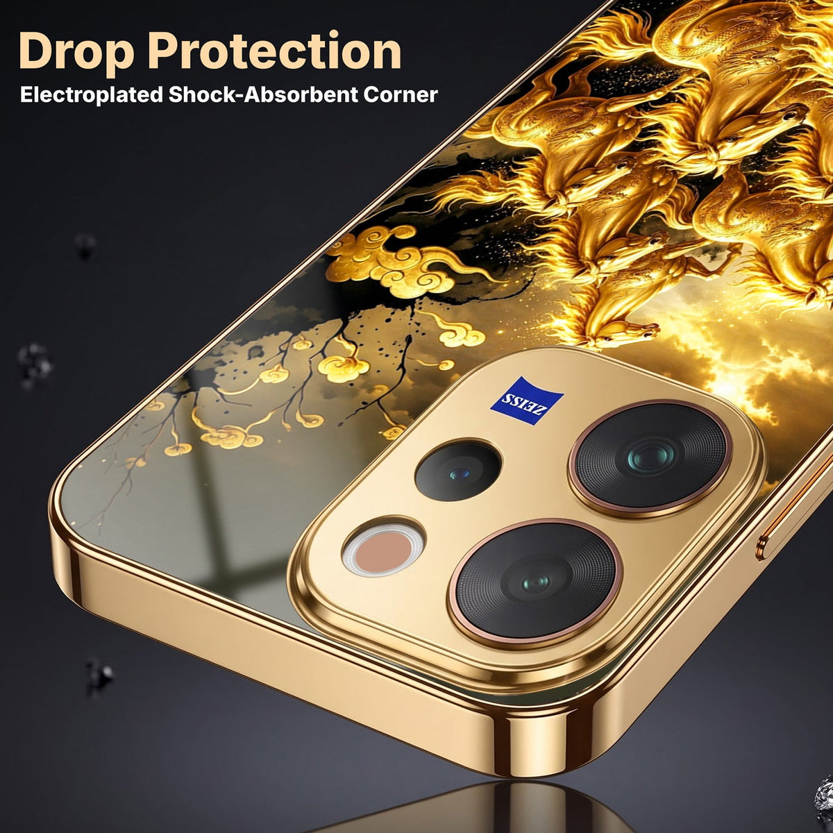 Vivo V70 5G Horses Royal Glory Gold Electroplated Glass Phone Back Case