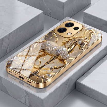 Oppo Reno 16C 5G Luxury Horse Texture Gold Electroplated Glass Phone Back Case