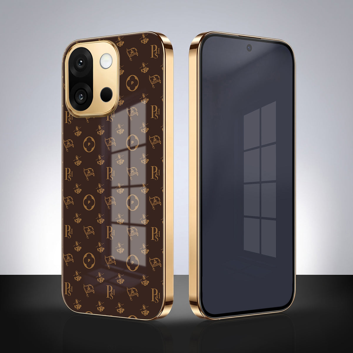 OnePlus 13s 5G Luxury Monogram Brown Gold Electroplated Glass Phone Back Case