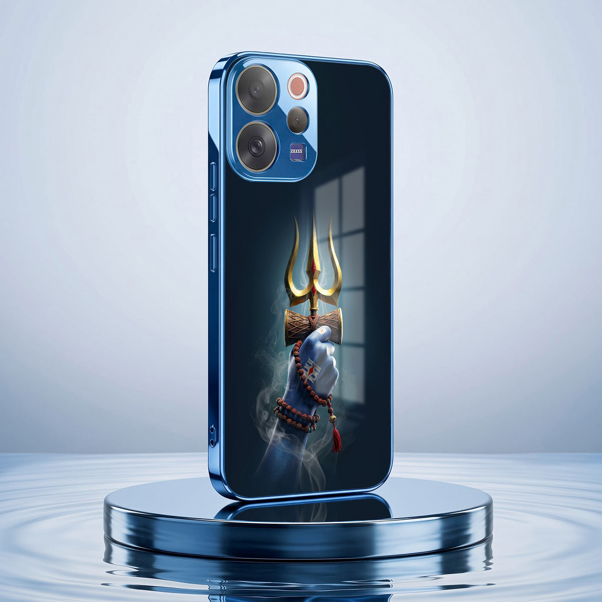 Vivo V70 5G Divine Shiva Trisul Blue Electroplated Glass Phone Back Case