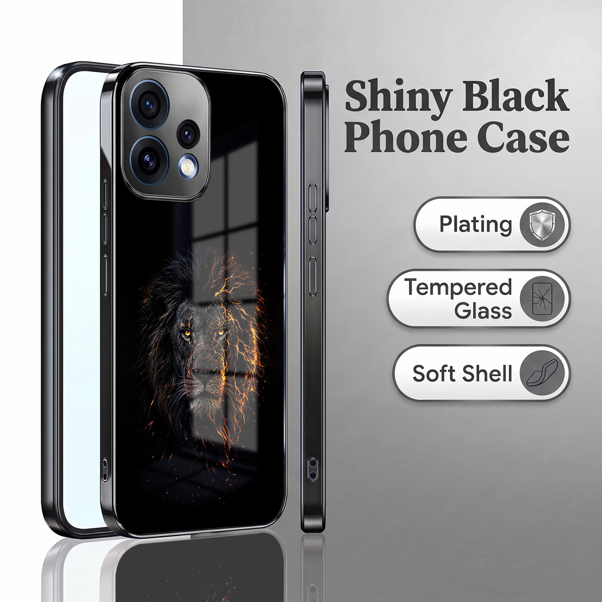 Oppo Reno 15 5G Lion Rage Black Electroplated Glass Phone Back Case