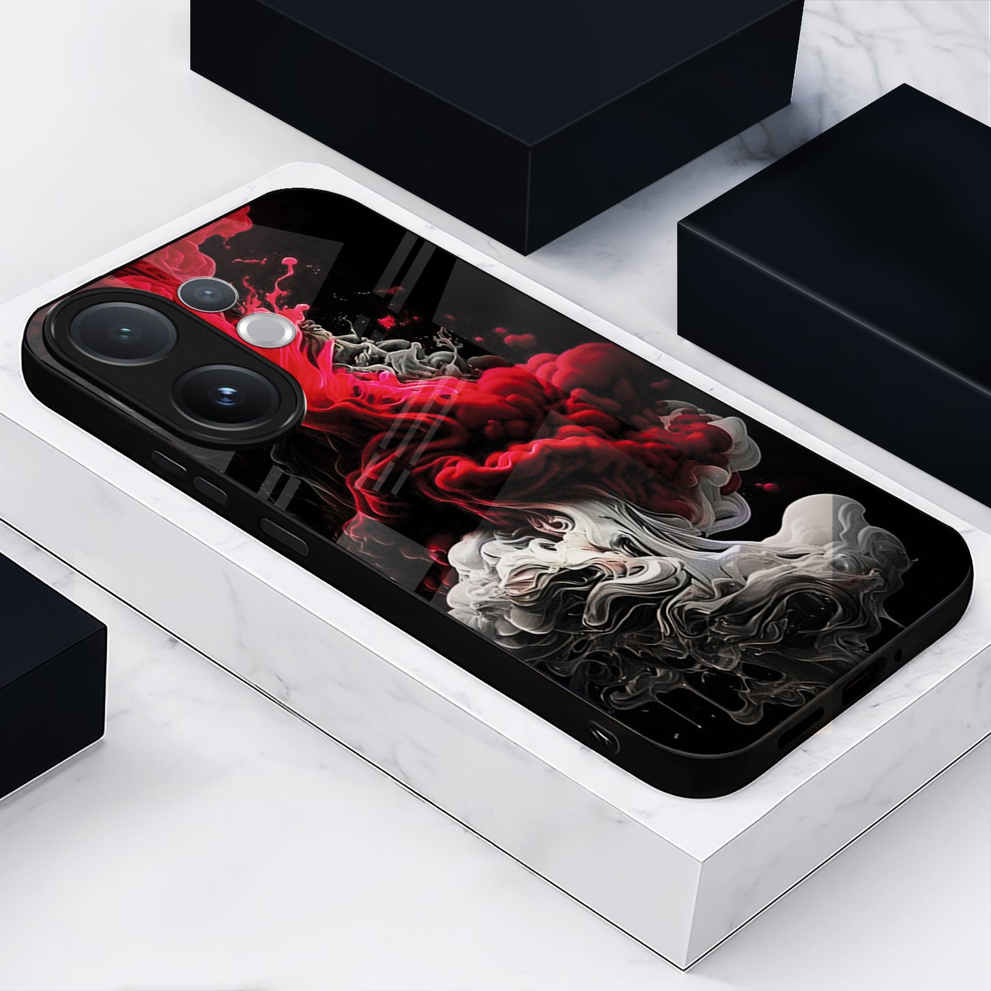 Vivo V60 5G Phone case with red and black abstract design on a white platform