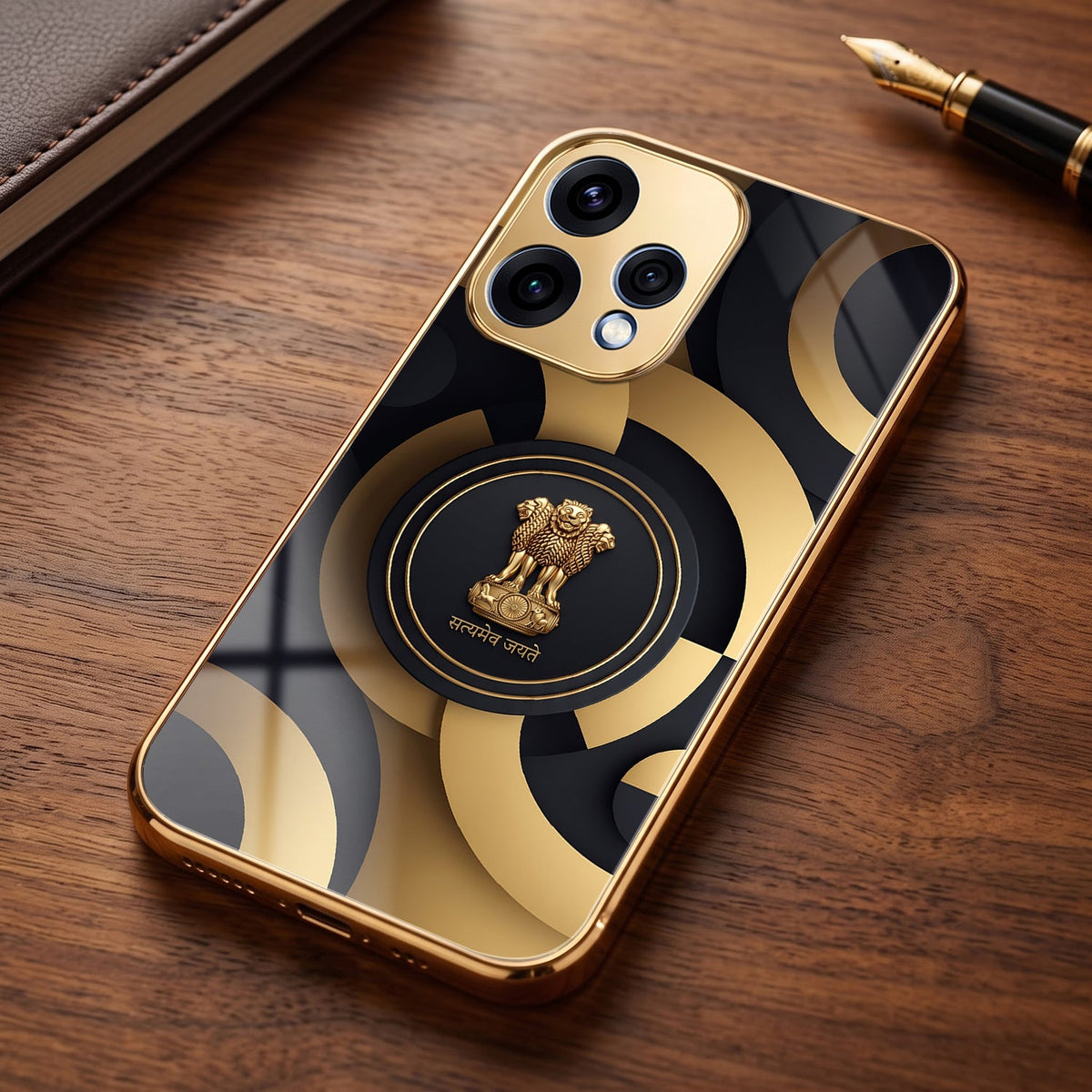 Oppo Reno 15 5G Royal Emblem Gold Electroplated Glass Phone Back Case