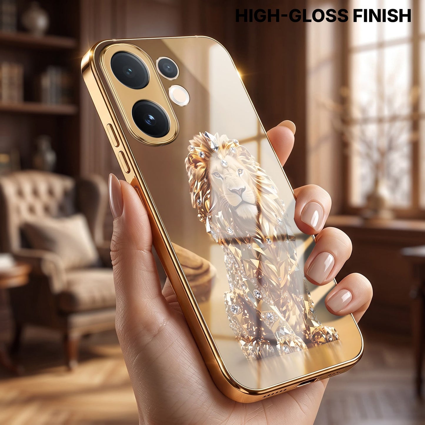 Vivo V60 5G Luxury Lion Gold Electroplated Glass Phone Back Case