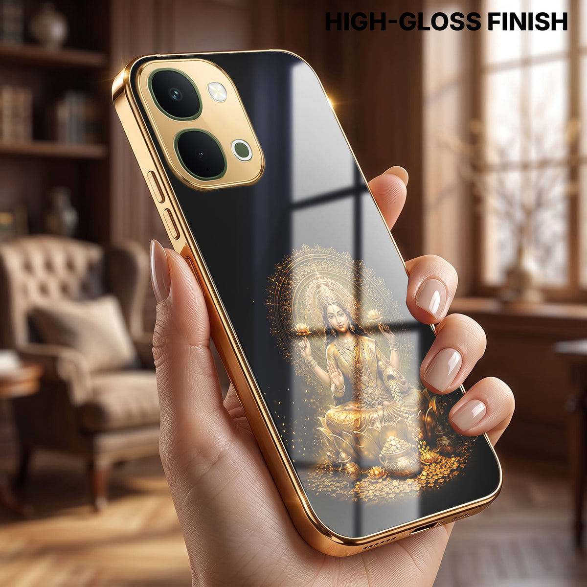 Vivo T5x 5G Golden Maa Lakshmi Gold Electroplated Glass Phone Back Case
