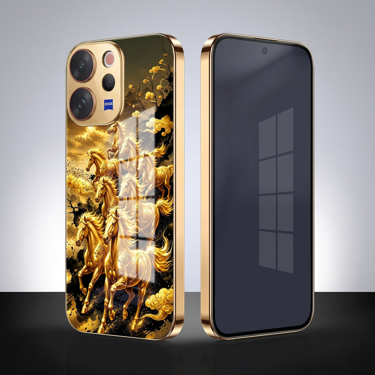 Vivo V70 5G Horses Royal Glory Gold Electroplated Glass Phone Back Case
