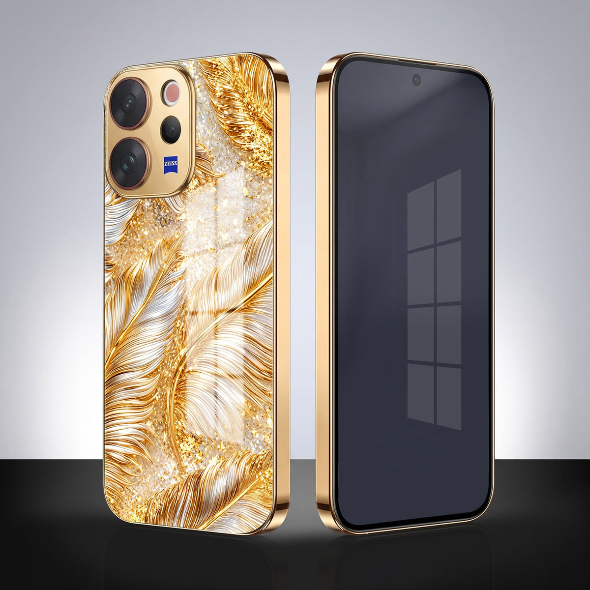Vivo V70 5G Golden Feather Marble Gold Electroplated Glass Phone Back Case
