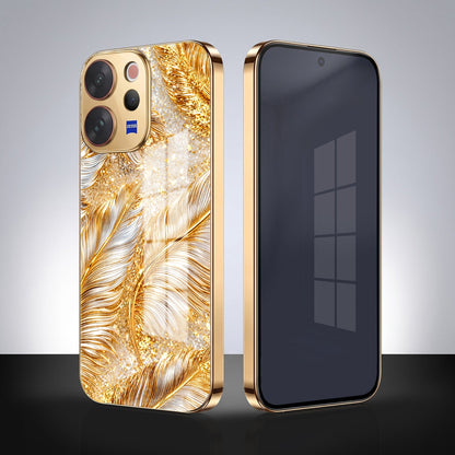 Vivo V70 5G Golden Feather Marble Gold Electroplated Glass Phone Back Case