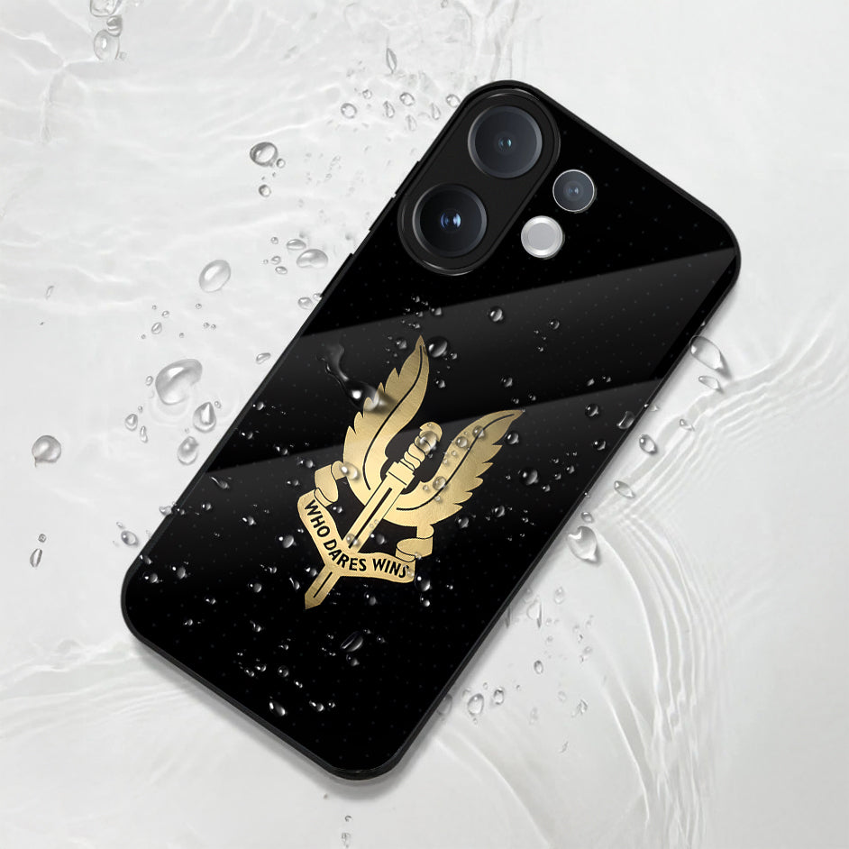 Vivo V60 5G Black phone case with gold emblem on a textured white background
