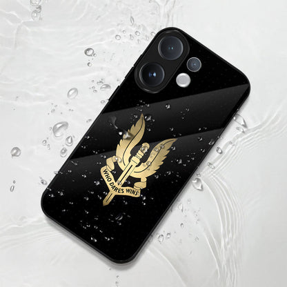 Vivo V60 5G Black phone case with gold emblem on a textured white background