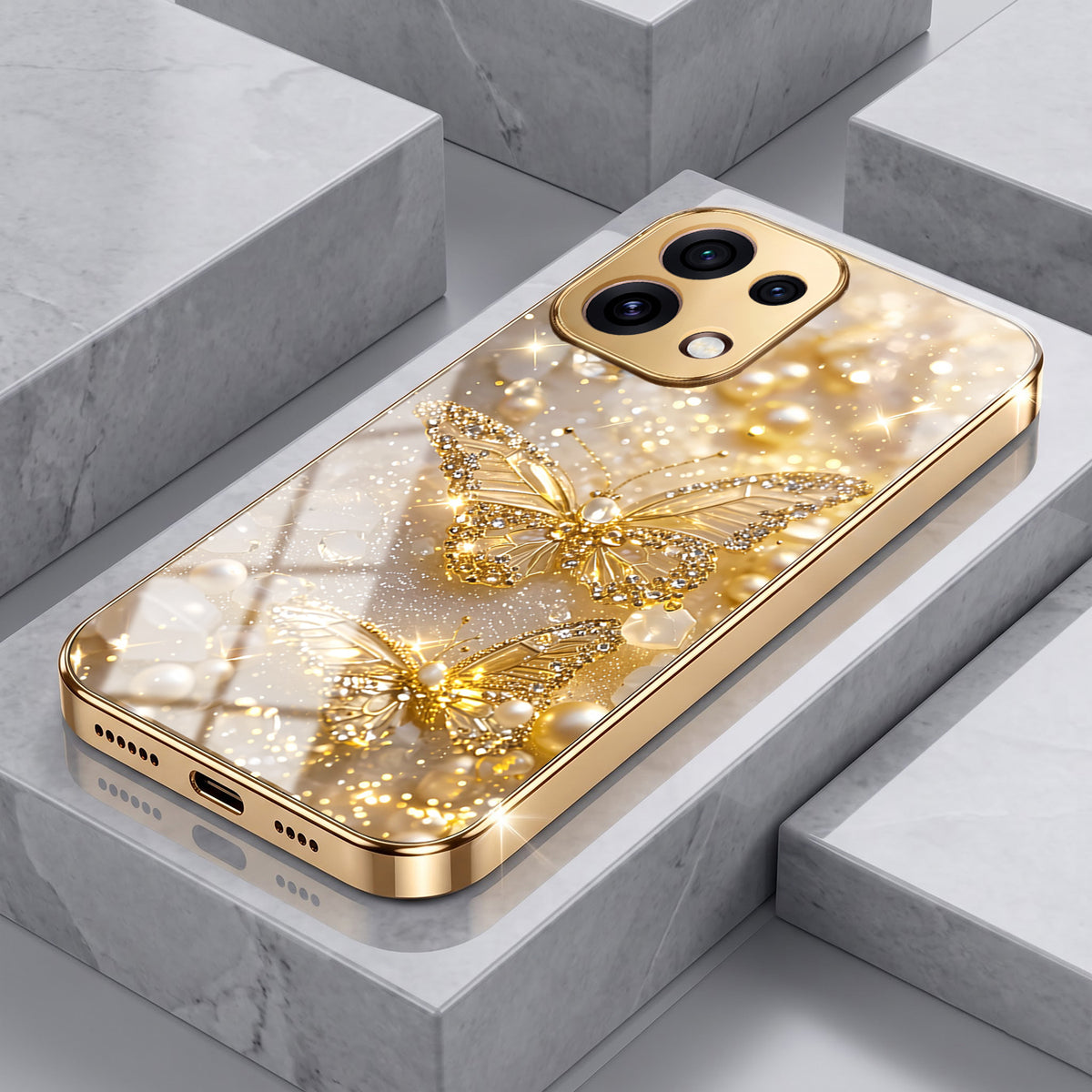 Oppo Reno 16C 5G Golden Butterfly Gold Electroplated Glass Phone Back Case