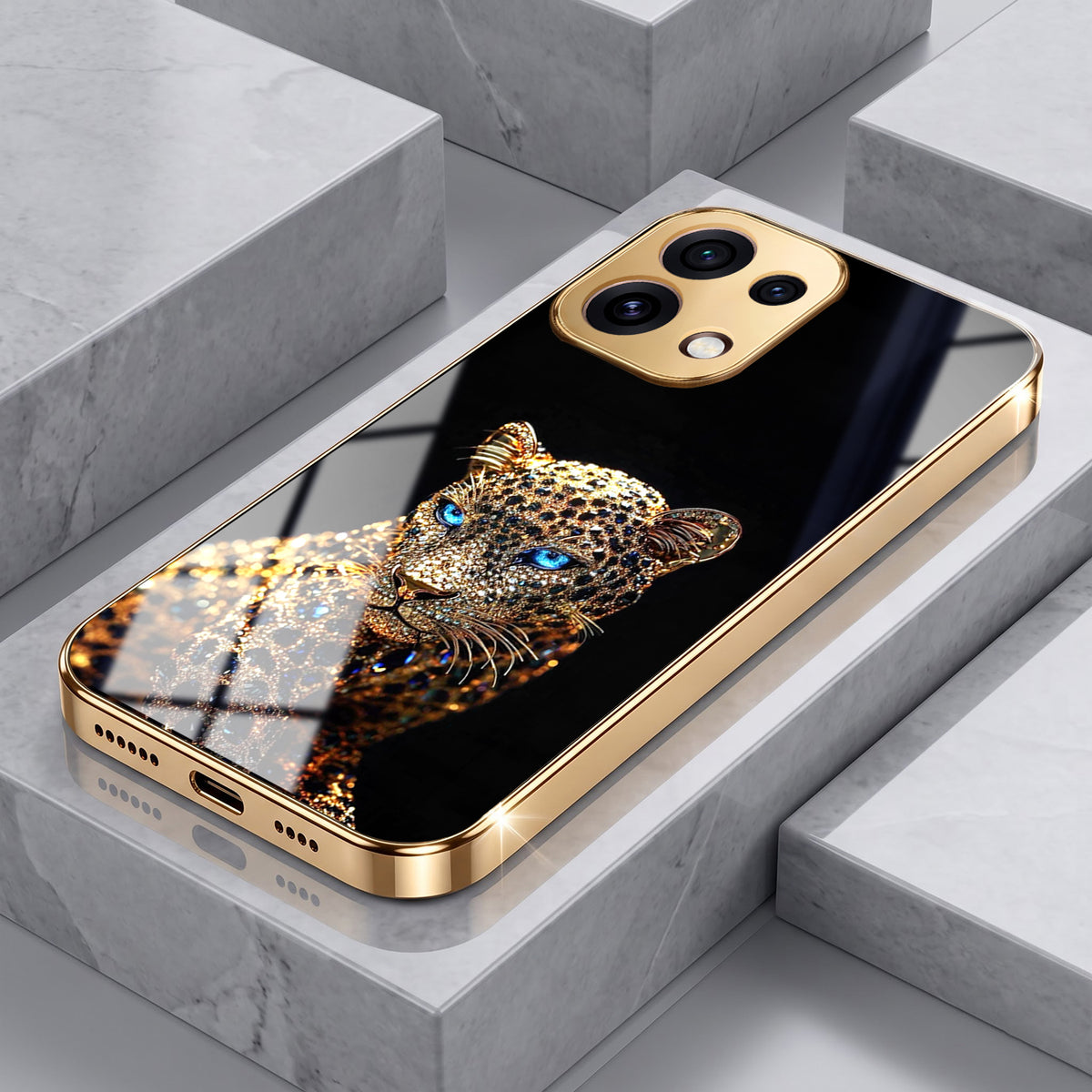 Oppo Reno 16C 5G Panther Gold Electroplated Glass Phone Back Case
