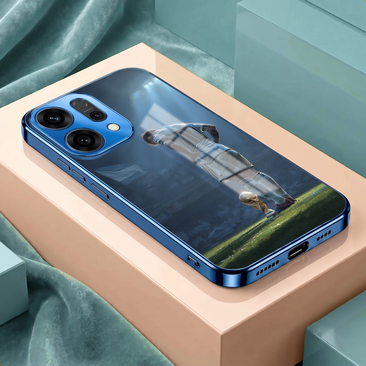 Oppo Reno 14 5G Football Champion Blue Electroplated Glass Phone Back Case