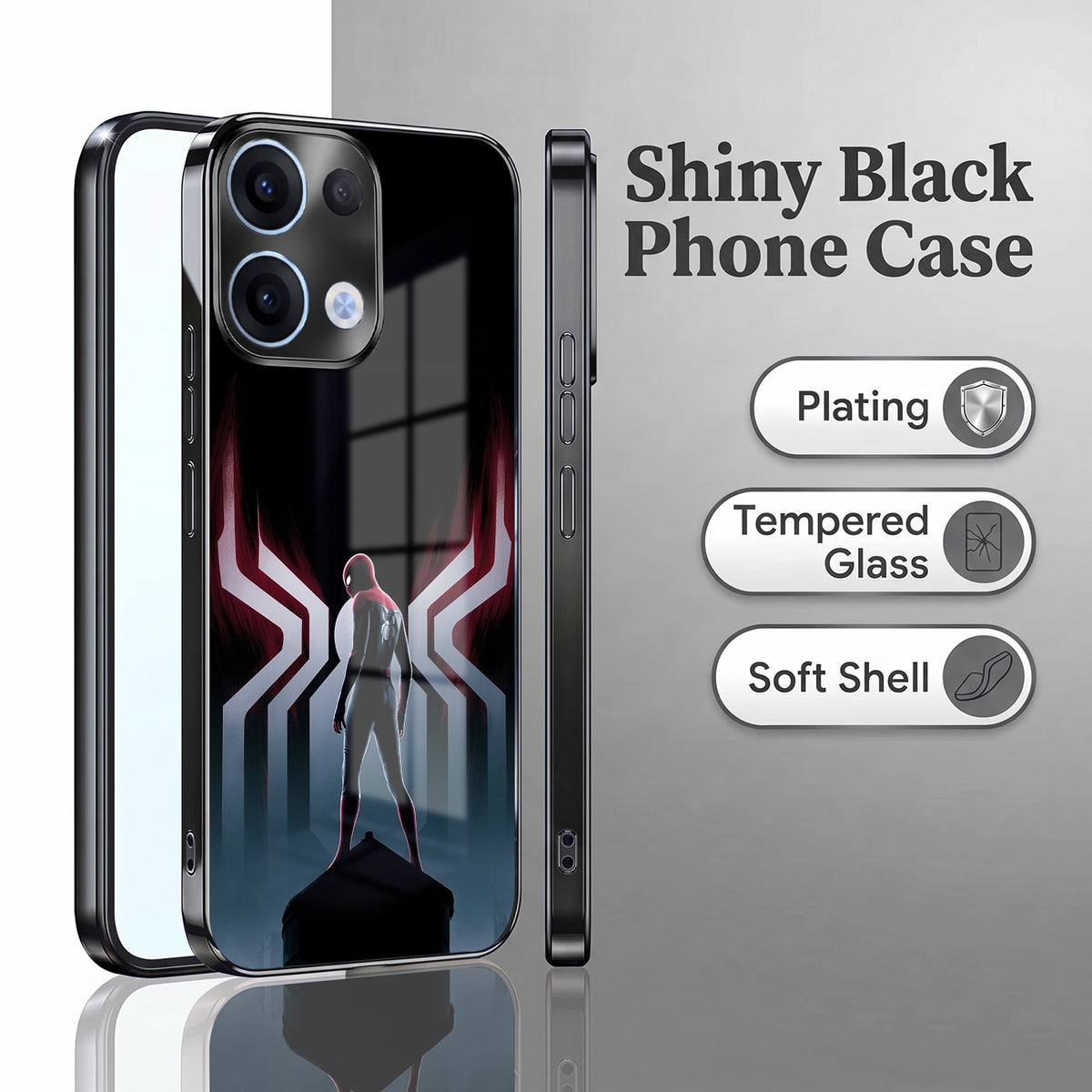 Oppo Reno 13 5G Spiderman Black Electroplated Glass Phone Back Case