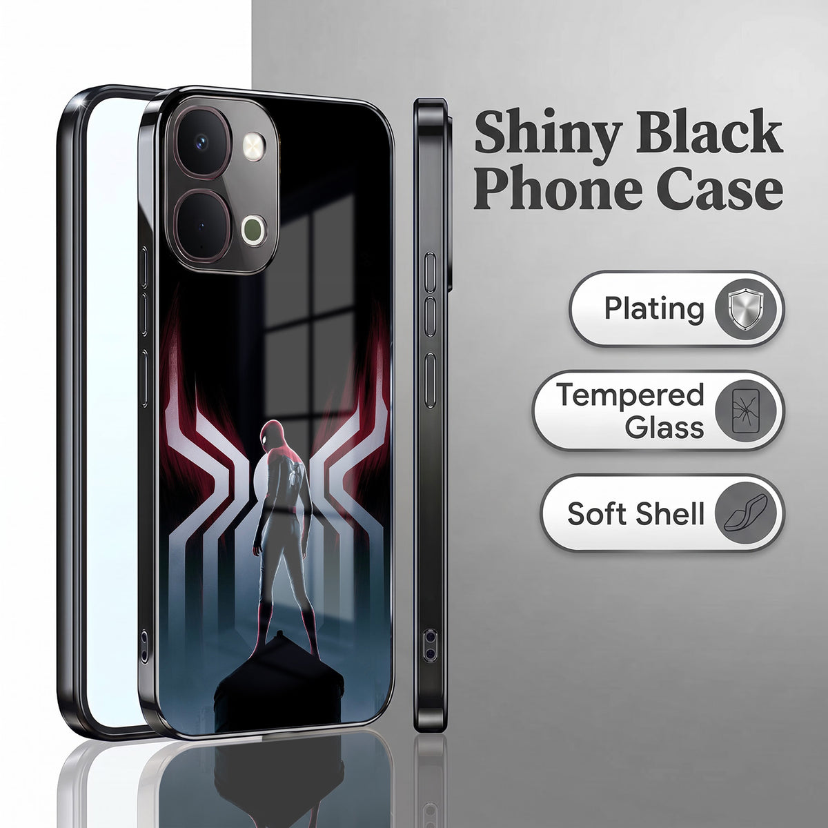 Vivo T5x 5G Spiderman Black Electroplated Glass Phone Back Case