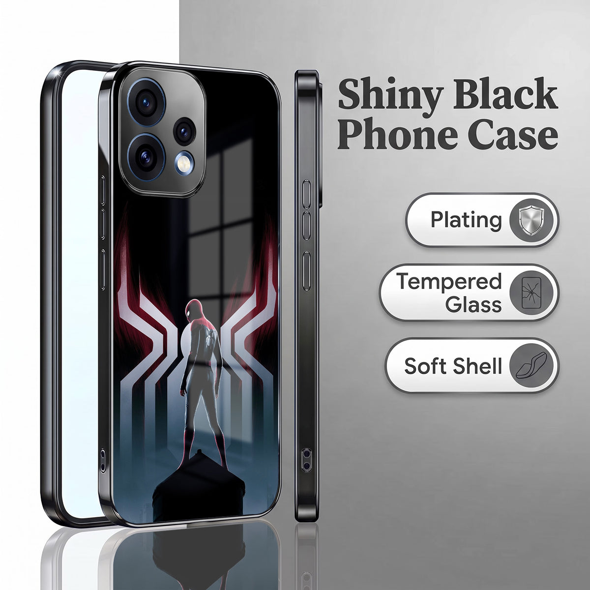 Oppo Reno 15 5G Spiderman Black Electroplated Glass Phone Back Case