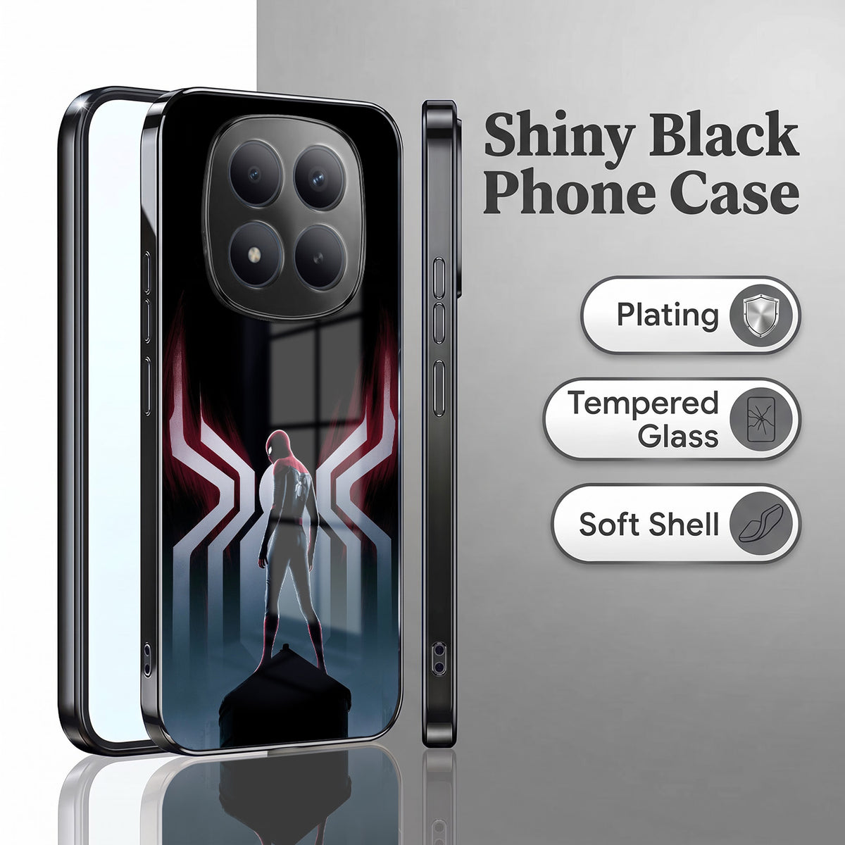 Redmi Note 15 Pro Plus 5G Spiderman Black Electroplated Glass Phone Back Case