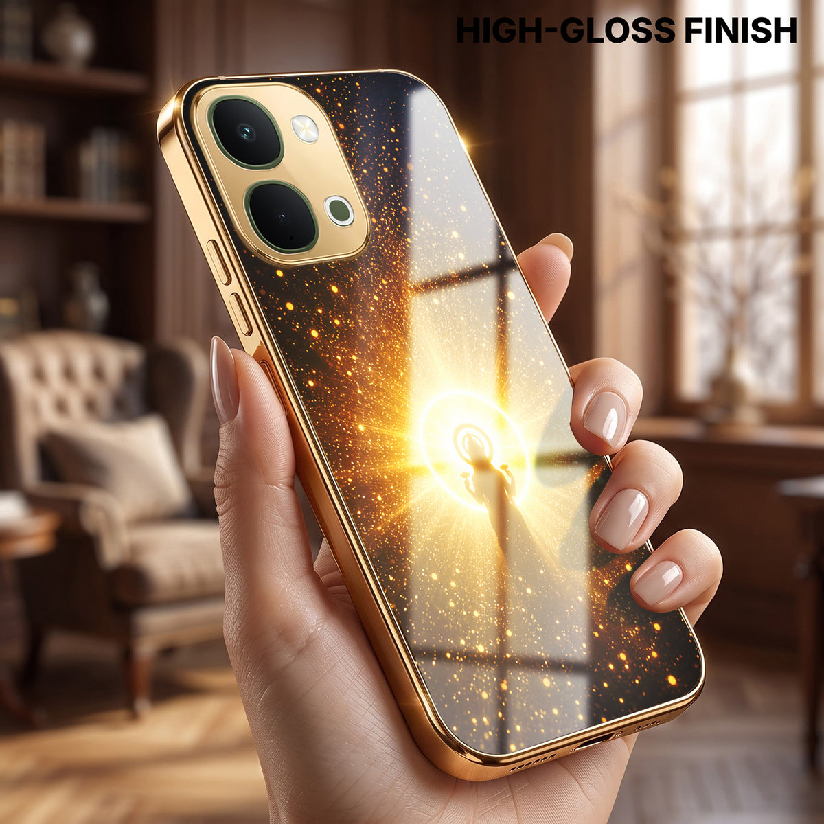 Vivo T5x 5G Lakshmi Sacred Gold Electroplated Glass Phone Back Case