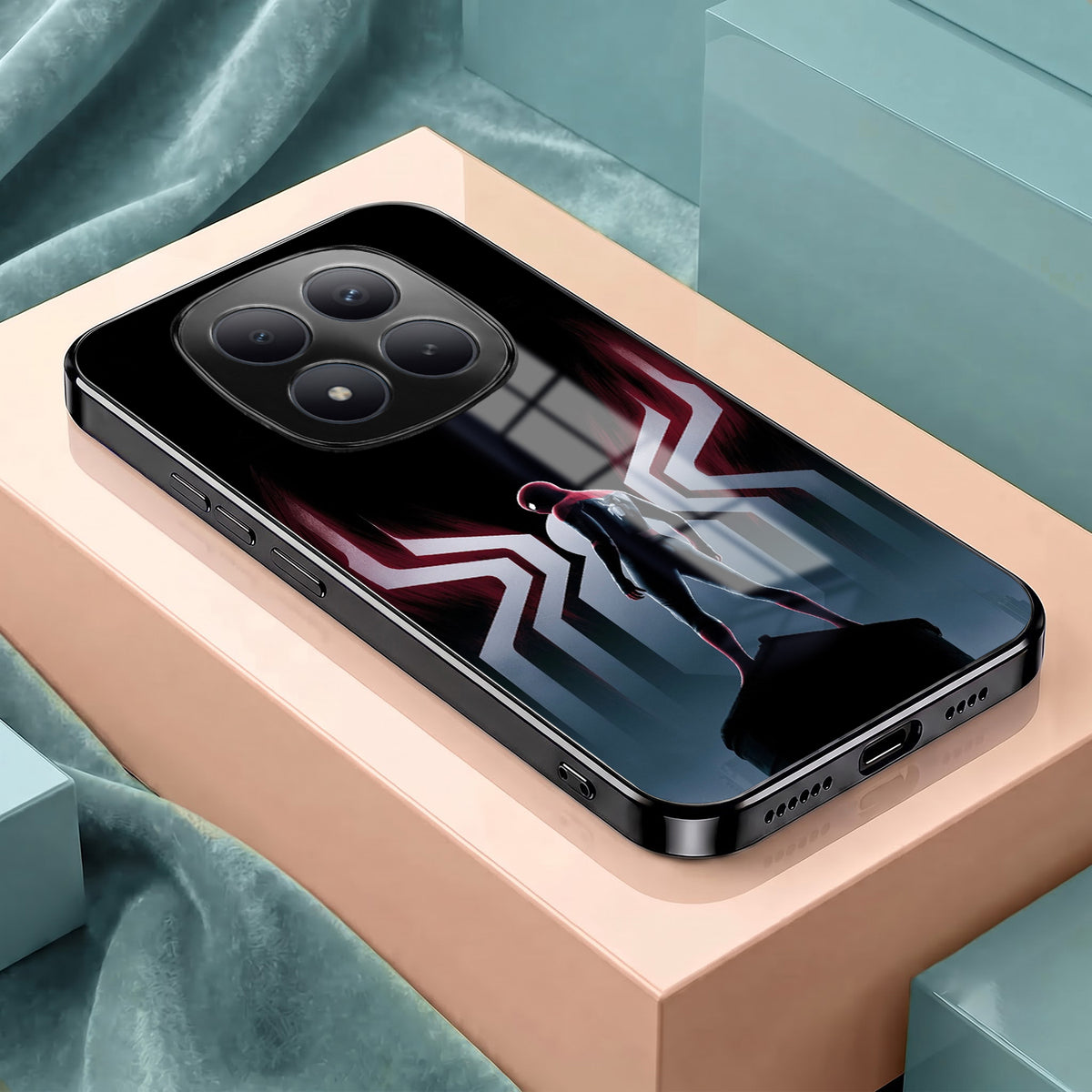 Redmi Note 15 Pro Plus 5G Spiderman Black Electroplated Glass Phone Back Case
