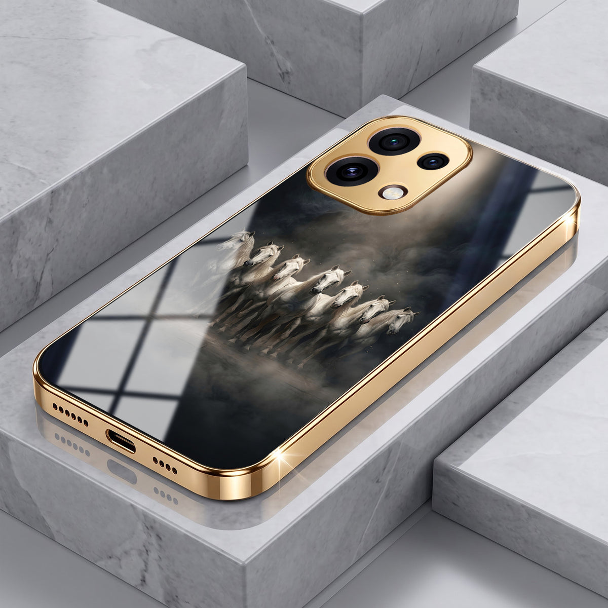 Oppo Reno 16C 5G Running Horses Gold Electroplated Glass Phone Back Case