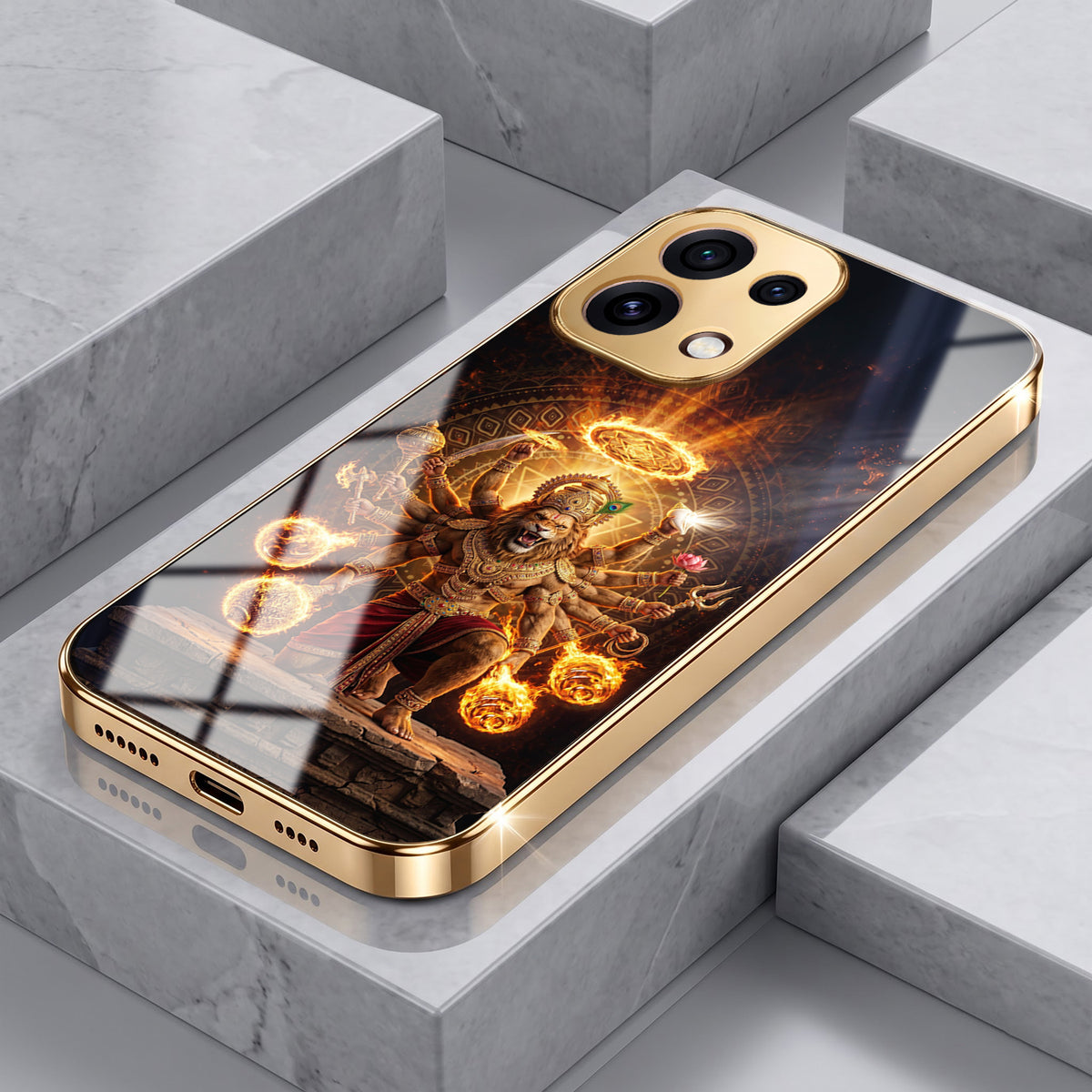 Oppo Reno 16C 5G Lord Narasimha Gold Electroplated Glass Phone Back Case