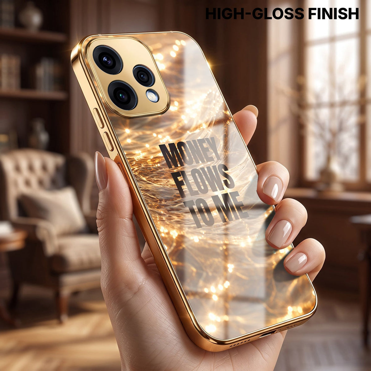 Oppo Reno 15 5G Money Flows To Me Gold Electroplated Glass Phone Back Case