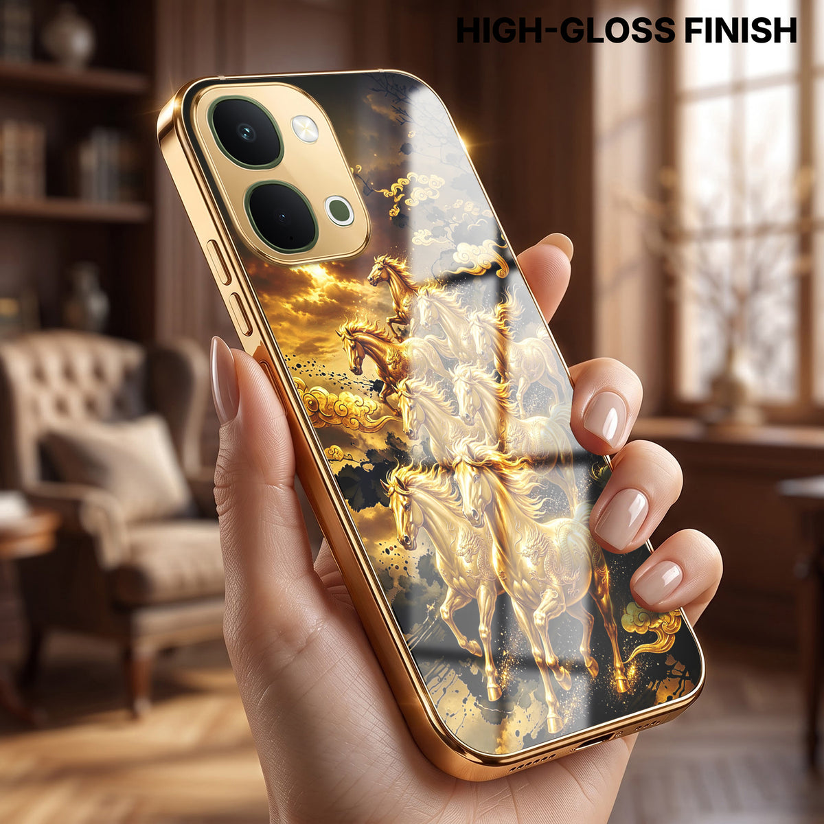 Vivo T5x 5G Horses Royal Glory Gold Electroplated Glass Phone Back Case