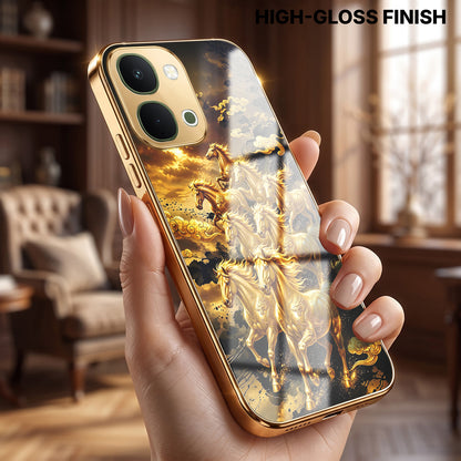 Vivo T5x 5G Horses Royal Glory Gold Electroplated Glass Phone Back Case