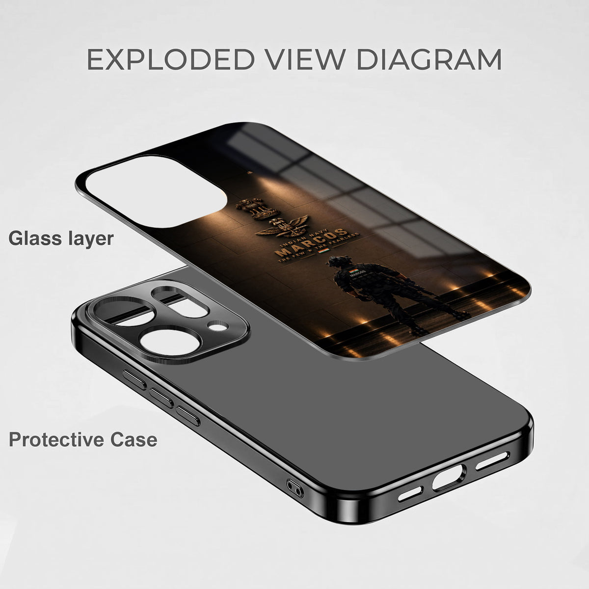 Oppo Reno 14 5G Indian Navy Marcos Black Electroplated Glass Phone Back Case