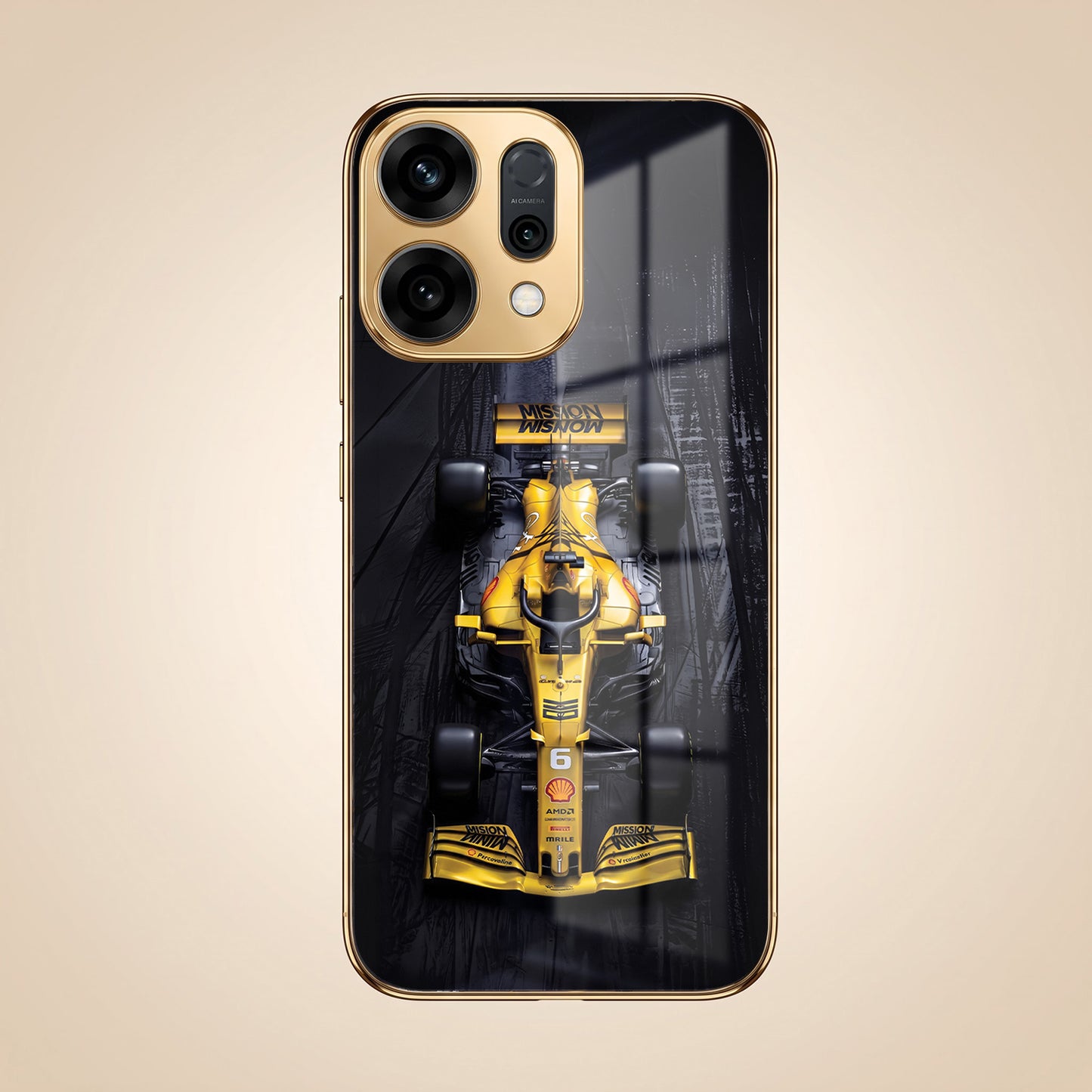 Oppo Reno 14 5G F1 Racing Car Gold Electroplated Glass Phone Back Case