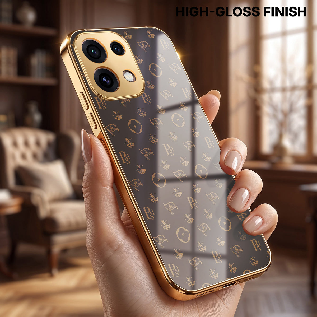 Oppo Reno 16C 5G Luxury Monogram Brown Gold Electroplated Glass Phone Back Case