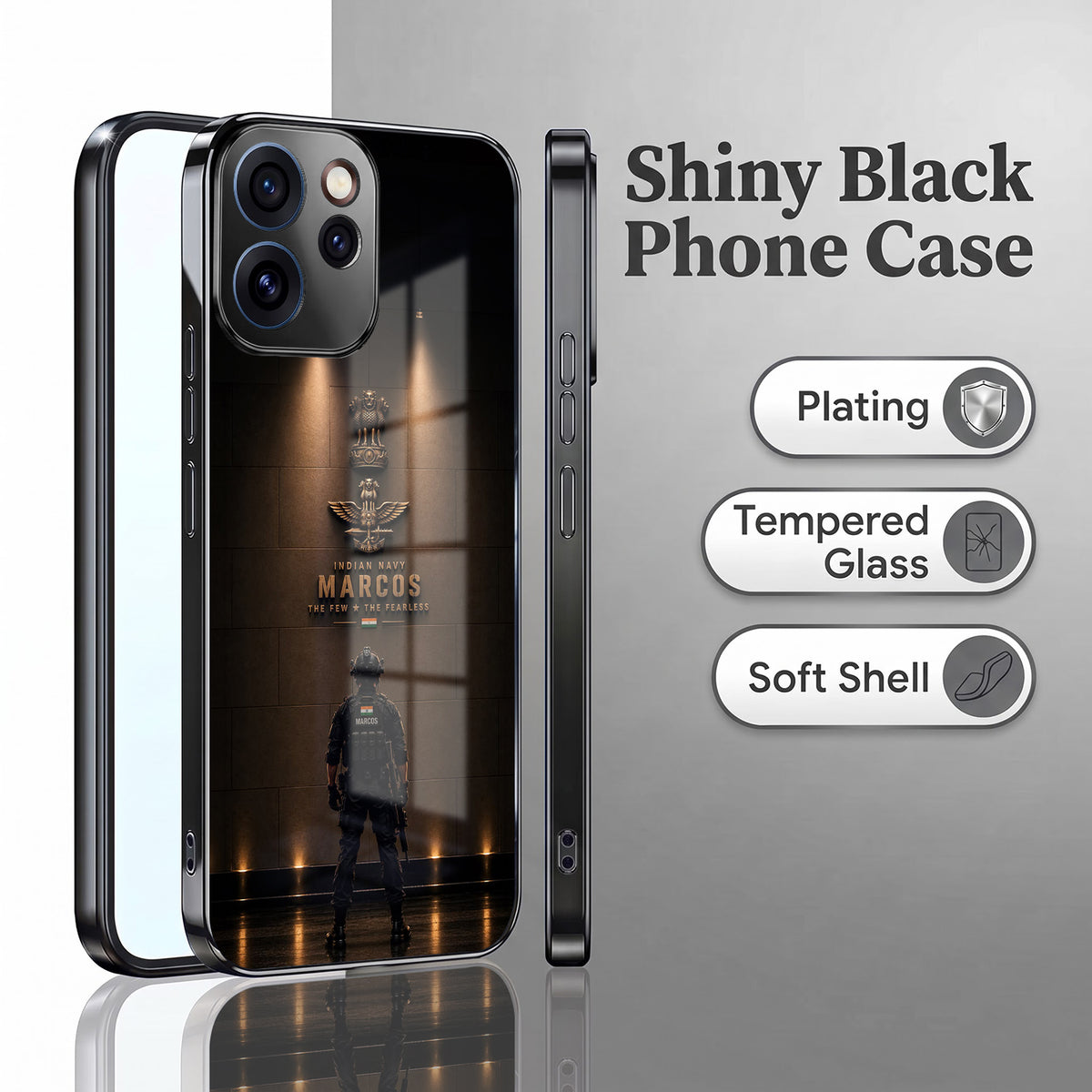 Oppo Reno 15 Pro Mini 5G Indian Navy Marcos Black Electroplated Glass Phone Back Case